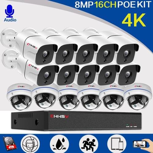 16CH 4K POE AI CCTV Security Camera System Kit Face Detection With 8MP Audio Outdoor Video Surveillance Camera Kits P2P