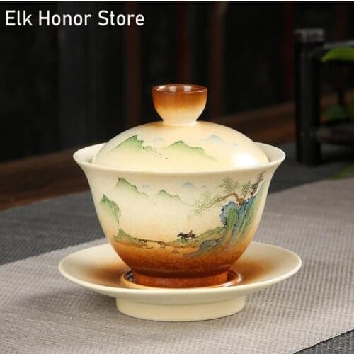 180ml Retro Landscape Gaiwan Coarse Ceramic Cup With Lid Cover Saucer Kit Tea Set Handmade Fire Tureen Teaset Teacup Tea Bowl
