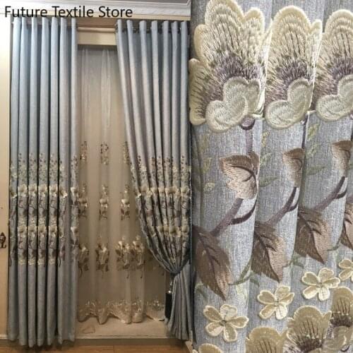 2021 New Haze Blue Chenille European Curtain Embossed Embroidered Curtain Customization Curtains for Living Dining Room Bedroom