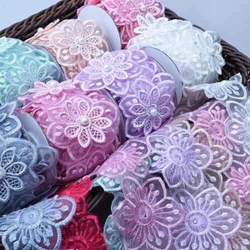 40Yards Two Layers Flower Pearls Lace Fabric Sewing Accessories 6cm Patch Trim Patchwork Ribbon Handmade DIY Garment Material