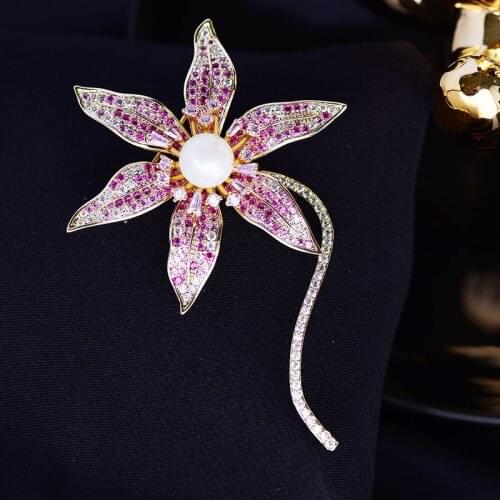 OKILY Elegant Flowers and Plants Brooches for Womens Winter Coat Jewelry Accessories Zirconia Flower Pearl Broochpin Best Gift