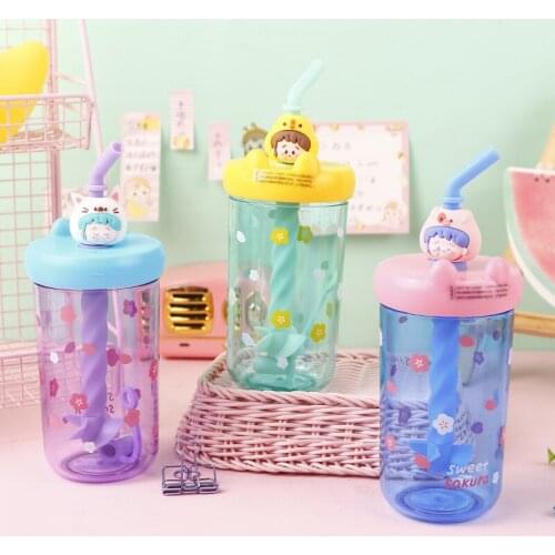 Water bottle cute creative cartoon straw transparent plastic mixing cup fun portable with lid student sports drink juice cup