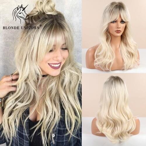 BLONDE UNICORN Long Wavy Synthetic Hair Wigs Brown Root Ombre Platinum Women Natural Wig Hair with Bangs Heat Resistant Fiber
