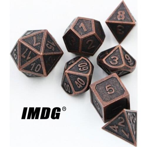 IMDG 7pcs/set Creative RPG Game Dice Polyhedron Metal Dice DND Carving Red Copper Color Digital Game Dice