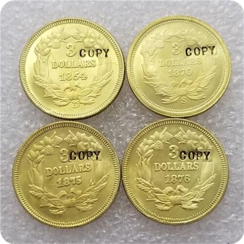 1854-D,1870-S,1875,1876 $3 REPLICA INDIAN PRINCESS GOLD COINS COPY