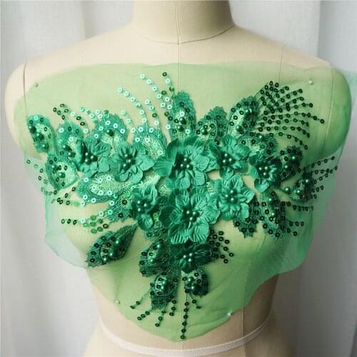 Green Sequin Tassel 3D Flower Rose Beads Lace Fabric Embroidered Gown Appliques Collar Mesh Sew Patch For Wedding Decoration DIY
