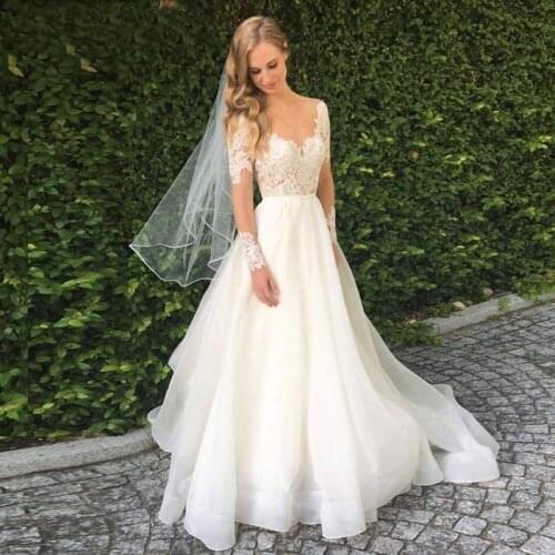 Long Sleeve Vestido de Noiva Lace Appliques Wedding Dress Backless Bride Dresses Tulle Bridal Gown Free Shipping Custom Made