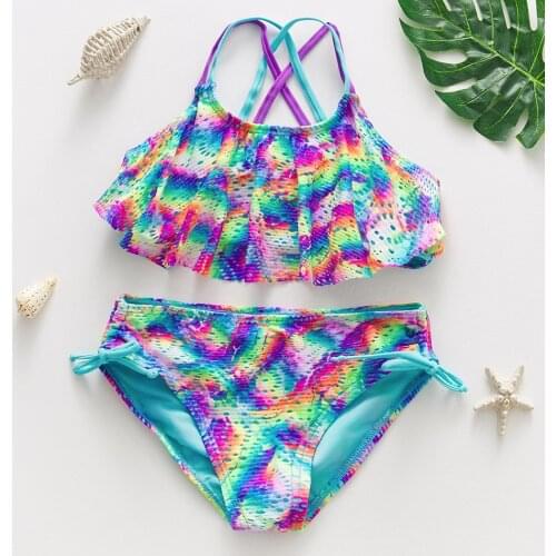 6-16Years Girls Swimsuit 2021 New Ruffle Style Swimsuit Large Size Girls Two-pieces Children Bikini Set Hollow Beachwear 1089