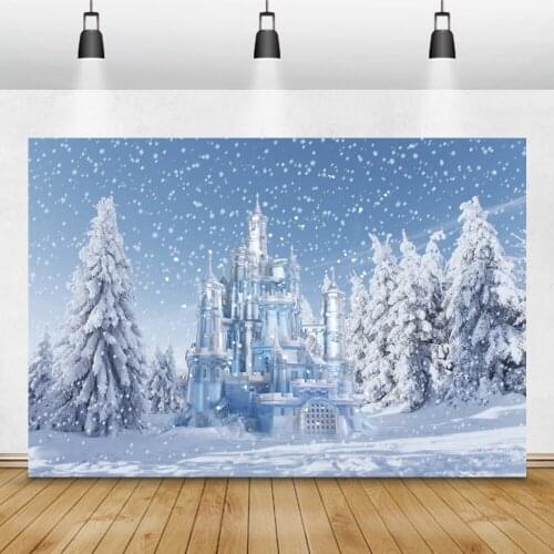 Laeacco Winter Wonderland Snowflake Trees Sky Castle Room Decro Portrait Photo Backdrop Photo Background Photocall Photo Studio