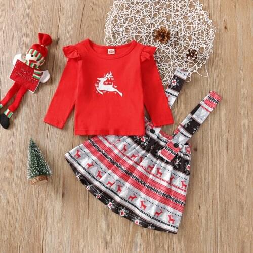 Little Girls Skirt Sweet Two Pieces Suit Cartoon Christmas Print Round Neck Long Sleeve Tops and Suspender Skirt Red