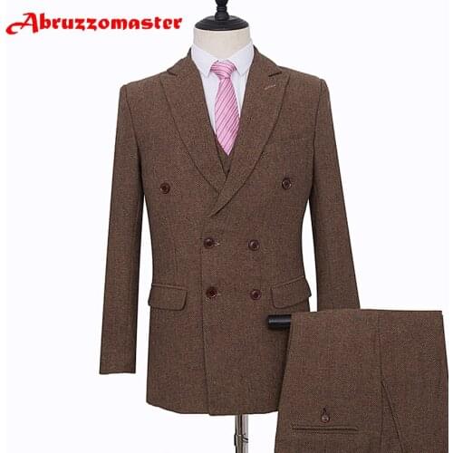 Hot sale Double Breasted Coat as Groom Tuxedos Groomsman Suit 4 color Harringbone Man Suit Tailor Suit Blazer (Jacket +pants)