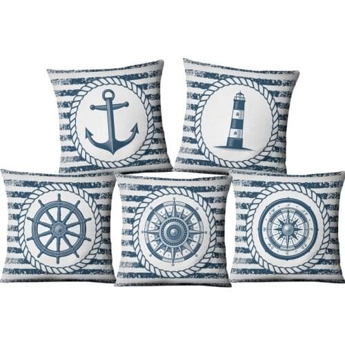 Navigation Navy Blue Nautical Anchor Compass Linen Pillow Cushion CoverSofa Piaochuang Pad Home Decoration Pillowcase