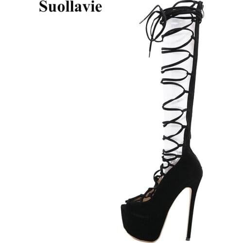 Suollavie 2020 new women shoes narrow band women shoes lace-up female sandals fashion thin heel extreme high ladies women boots