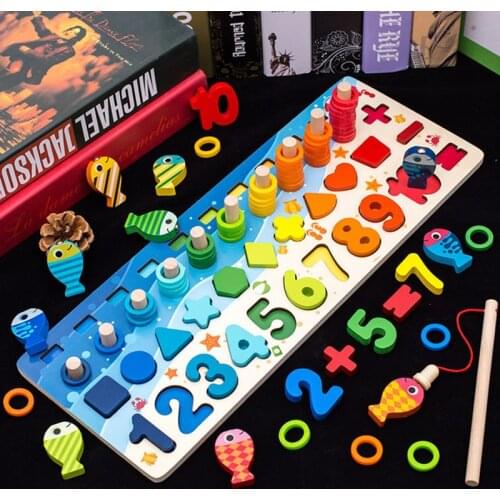 Montessori Educational Wooden Toys Children Busy Board Math Fishing Childrens Wooden Preschool Montessori Toy Counting Geometry