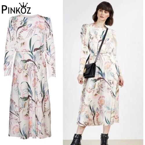 Pinkoz 2021fw new fashion floral animal printed O-neck long sleeve casual loose midi dress women robe femme traf french chic Y2k