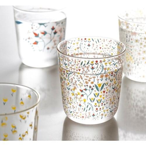 Transparent Ins Style Glass Household Printed Teacup Water Cup Milk Cup Breakfast Cup Set Shot Glass Drinking Cups