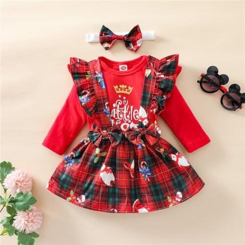 Christmas Girls Clothes Sets Crown Letter Print Long Sleeve O-Neck Playsuit Plaid Overalls Bowknot Headband Baby Clothing