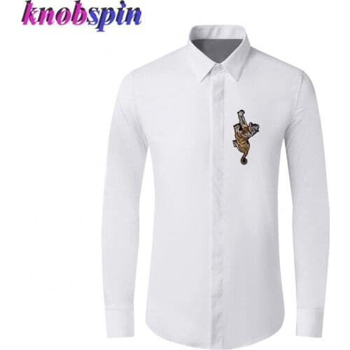 Elegant Tiger Embroidery Mens Long sleeve Shirt Solid Slim Casual Business male dress shirts Plus size M-4XL Cotton Shirts