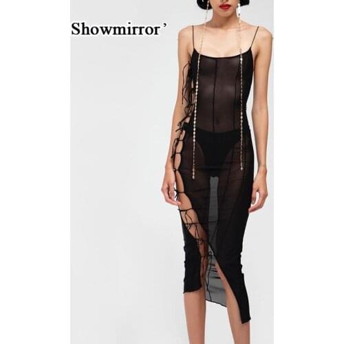 Showmirror 2021 Sexy Mesh See Through Dress Club Black Hollow Out Bandage Party Dress Summer Dresses For Women Y2k Outfit Clothe