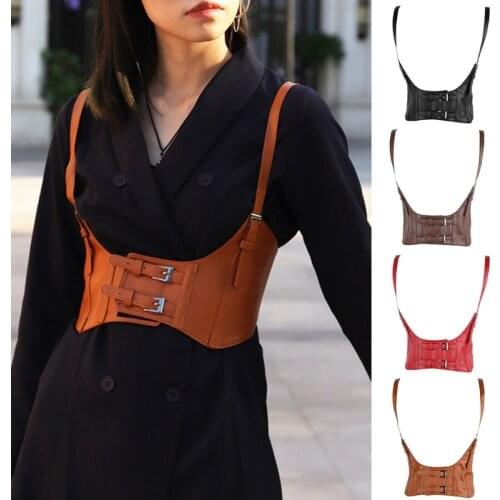 Women Vintage Gothic Faux Leather Underbust Corset Crop Top Solid Color Adjustable Vest Waist Belt Double Buckle Cincher DropShi