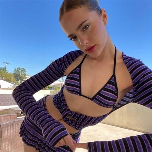 Hirigin 3Pcs Women Striped Outfit 2021 Sexy Long Sleeve Low Cut T-shirts Crop Top Lace-ups Halter Bra High Waist Pencil Skirt