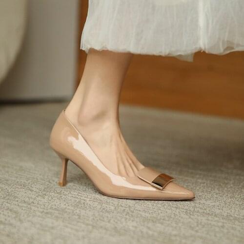 Osunlina High Heels Womans Pumps Pointed Toe Metal Decoration Party Wedding Handmade Patent Leather Shallow Office Shoes A266