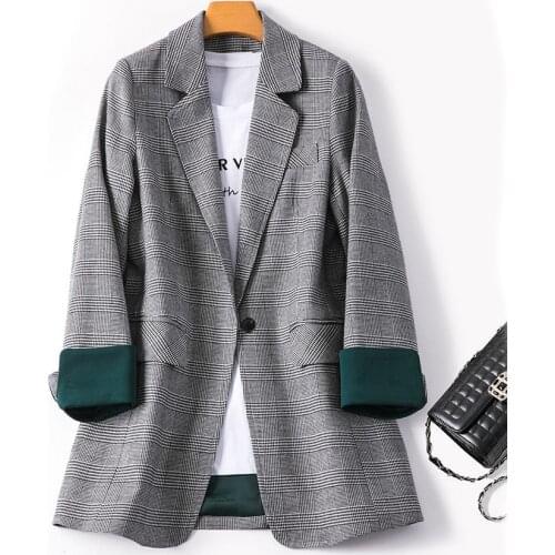 2021 Spring And Autumn Women Blazers Plaid Coat New Loose Fashion Temperament Casual Suit Jacket Lady