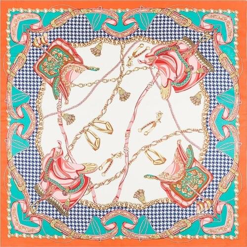 [POBING]100% Silk Scarf Women Chain Painting Foulard Luxury Brand Neckerchief Square Scarves Female Bandana Office Lady Headband