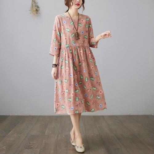 2021 New Arrival Half Sleeve Summer Autumn Dress Print Floral Vintage Prairie Chic Office Lady Work Dress Women Casual Dress