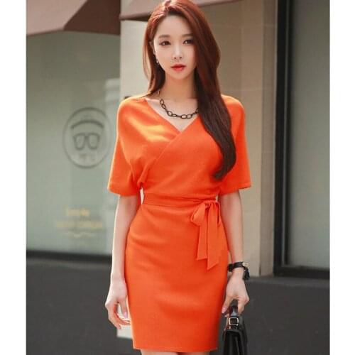 Pink Sweater Dresses Orange Khaki V Neck Batwing Sleeve Black Pink Women Dress Elegant Bandage Sexy Office Ladies Sweater Dress