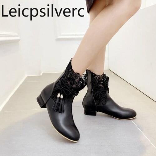 Winter Womens Boots New Fashion Round Head Lace Tassel Zipper Low-heeled Middle Tube Womens Shoes Plus Size 31-43 3cm High