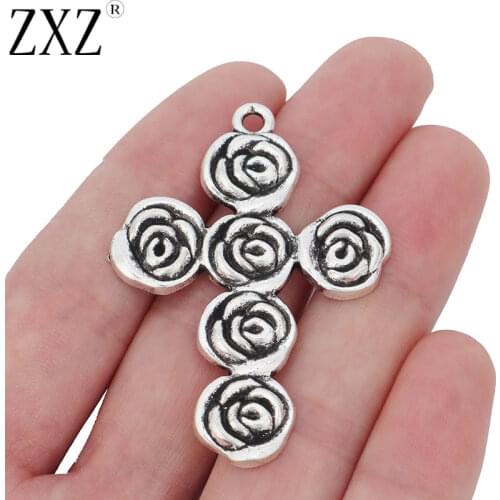 ZXZ 5pcs Tibetan Silver Large Rose Flower Religious Cross Crucifix Charms Pendants for Necklace Jewelry Making Findings