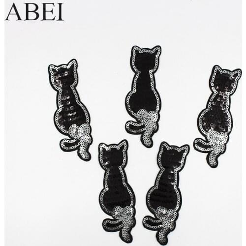 10pcs/lot Sequined Black Cat Patchs DIY T-Shirt Stickers Iron On Clothes Appliqued Jeans Coats Backpack Shoes Motif Badge