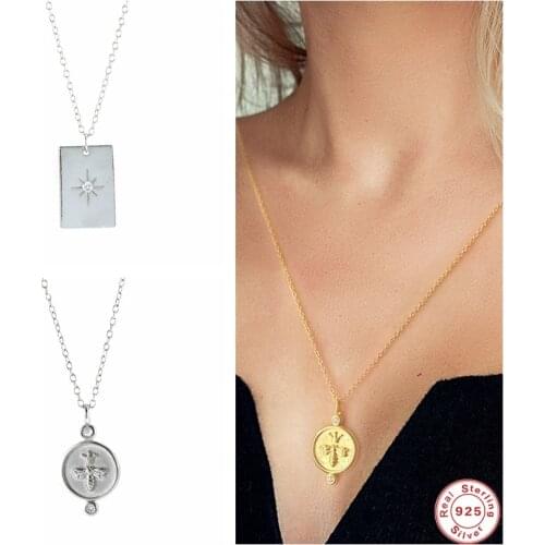 GS 925 Sterling Silver Zircon Rectangle Pendant Necklace For Women Round Disc Bee Pattern Charm Necklace Choker Fine Jewelry