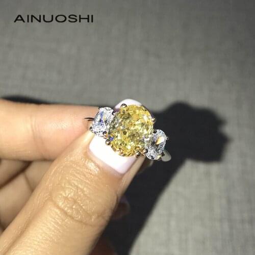 AINUOSHI 14K/18K White & Gold Two-Tone 5ct Oval Cut Yellow AINUOSHI Stone Three Stone Rings for Women Surprise Party Gift