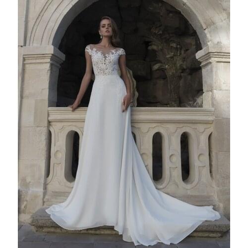 White Bride Dresses 2020 Chiffon A Line Wedding Dress Open Back Cap Sleeves Bohemian Bridal Gown Robe de Mairee