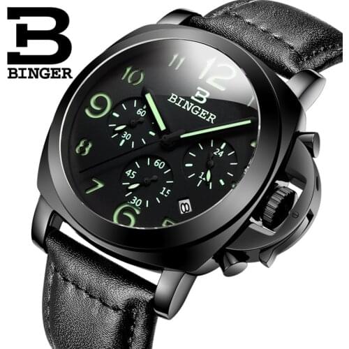 Genuine Luxury BINGER Brand Men leather strap luminous waterproof sport Chronograph calendar military watch large dial all black