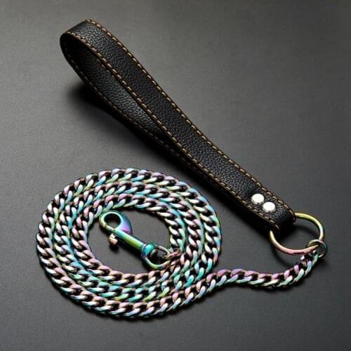 New Colorful Heavy Duty Dog Chain for Big Dogs Pitbull Gold Stainless Steel Dog Leash with Leather Handle Pet Stuff Accessories