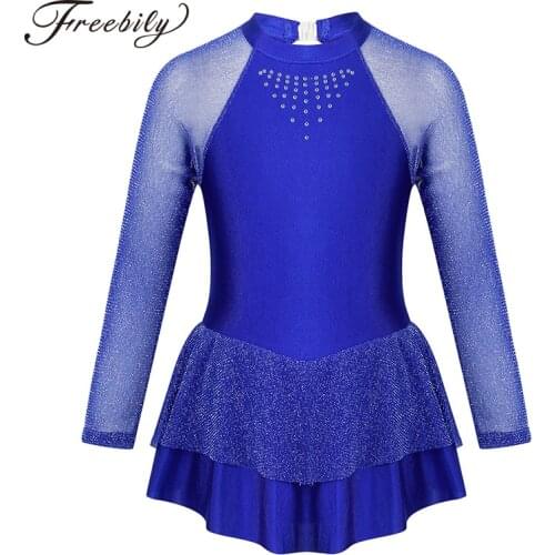 Kids Girls Shiny Long Sleeves Rhinestone Figure Ice Skating Dress Ballroom Children Gymnastics Leotard Ballet Dance Costume