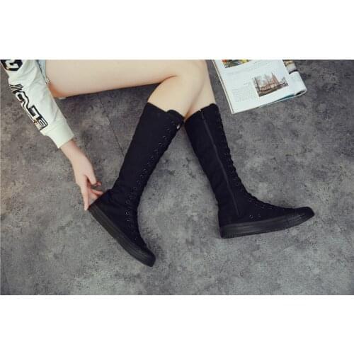 Long Tube Dancing Shoes Rubber Shoes Casual Canvas Shoes Side Zipper Lace-Up Shoes Womens Shoes Boots Plus Size