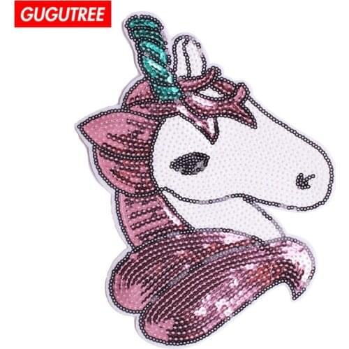 GUGUTREE embroidery Sequins big unicorn patches animal patches badges applique patches for clothing ZK-32