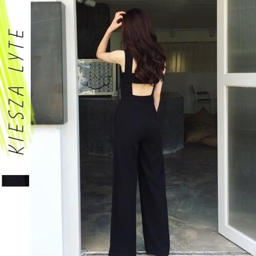2020 spring summer women black jumpsuit high waisted open back baggy long wide leg jumpsuits fashion Casual Romper Streetwear