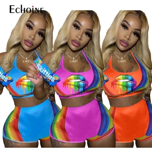 Echoine Women Summer Sexy Print Sets Sleeveless Slash Neck Crop Tops Sheath Elastic Waist Short Pants Two Piece Set Outfits