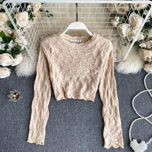Korean New 2020 Autumn T-shirt Womens Long-sleeved Fashion Solid Color Round Neck Sexy Harajuku Short Tops P738