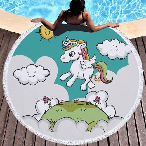 Cute clouds Unicorn Printed 150cm Cute Round Large Beach/bath Towel Adults Kids Microfiber Tassel Tapestry Wall Hanging Blanket