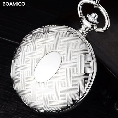 FOB men pocket watches antique mechanical watch BOAMIGO brand skeleton roman number watches silver chain gift clock reloj hombre