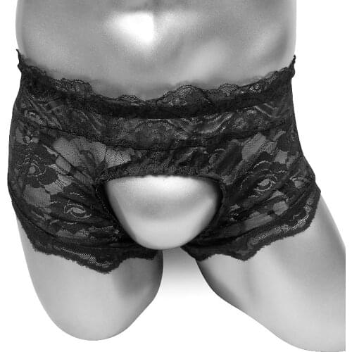 Mens Floral Lace Boxer Underwear Sexy Open Crotch Sissy Panties Bikini Lingerie Sheer See Through Frilly Lace Boxers for Male