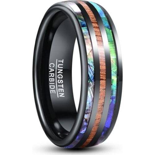 8mm Electric Black Inlaid Abalone Shell Wood Grain Dome Tungsten Carbide Men Ring Bohemia Engagement Ring For Mariage Jewelry