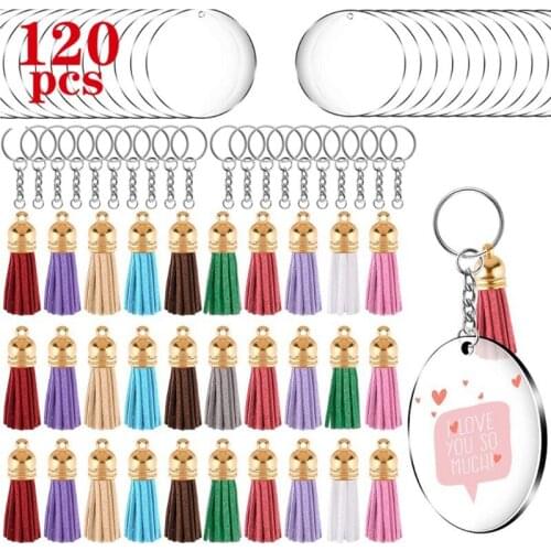 120 Pcs Acrylic Keychain Blanks Kit with Key Rings Jump Rings Round Clear Discs Circles Colorful Tassel Pendants for DIY Crafts