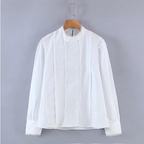 JC·KILIG 2021 European and American New Womens Fashion Simple Temperament White Blouse With Corrugated Lace 2082